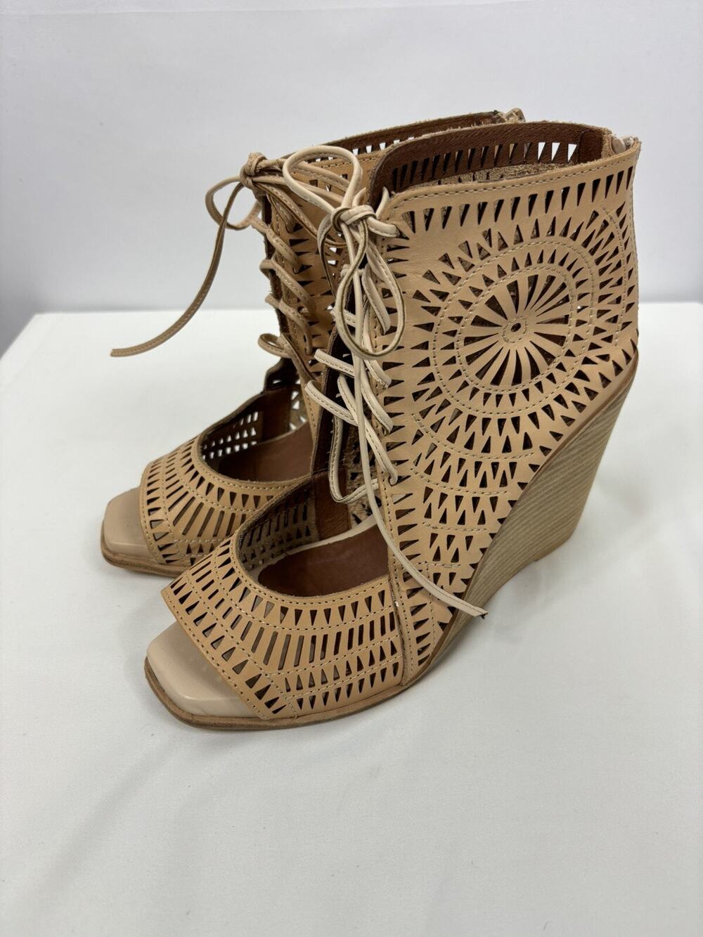 Jeffrey Campbell Rayos Wedge Sandals Peach Laser Cut Lace Up